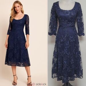 Alex Evenings Navy Blue Sequin Floral Embroidered Mesh A-line Tea Length Dress 4